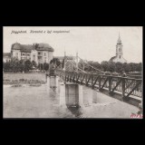 Carte poștală veche Oradea &ndash; K&ouml;r&ouml;s-h&iacute;d a Ref. Templommal (Pod peste Cris / Bis. Reformata) &ndash; 1917