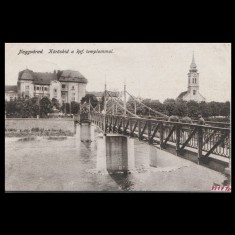 Carte poștală veche Oradea &ndash; K&ouml;r&ouml;s-h&iacute;d a Ref. Templommal (Pod peste Cris / Bis. Reformata) &ndash; 1917