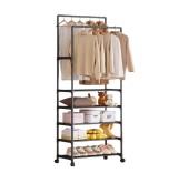 Cuier pentru haine, cu roți, 5 rafturi 185 x 30 x 56 cm, Negru