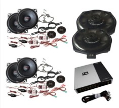 Pachet audio compus din 4 difuzoare componente, 2 subwoofere sub scaune, cu amplificator DSP, dedicate BMW Seria E/F/G, cu inele si cablaje plug and p