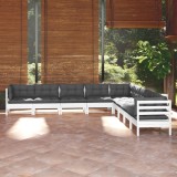 VidaXL Set mobilier de grădină cu perne, 9 piese, alb, lemn masiv pin 3096816