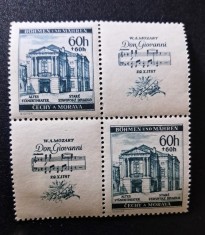 Boemia și Moravia 1941 Aniversare W.A. Mozart Bloc Șah de 2 Timbre 60h Teatrul Stărilor și 2 Cupoane Partitură Don Giovanni MNH Neștampilat - A0029