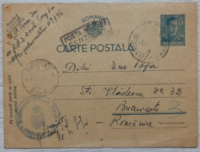 Carte postala circulata Cenzurat Regimentul 2 Dorobanti, OPM 136