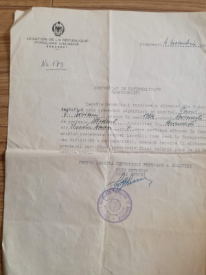1948, Legatia Republicii Populare Albaneze la București, Certif de naționalitate foto