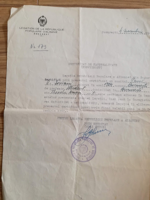 1948, Legatia Republicii Populare Albaneze la București, Certif de naționalitate