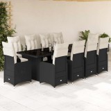vidaXL Set bistro de grădină, 11 piese, cu perne, negru, poliratan