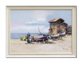 Cumpara ieftin Tablou living peisaj de la malul marii pictat manual inramat, 80x60cm ulei pe panza, Geo Ungureanu