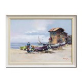 Tablou living peisaj de la malul marii pictat manual inramat, 80x60cm ulei pe panza, Geo Ungureanu