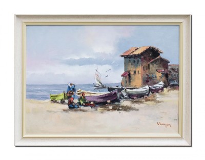 Tablou living peisaj de la malul marii pictat manual inramat, 80x60cm ulei pe panza, Geo Ungureanu foto