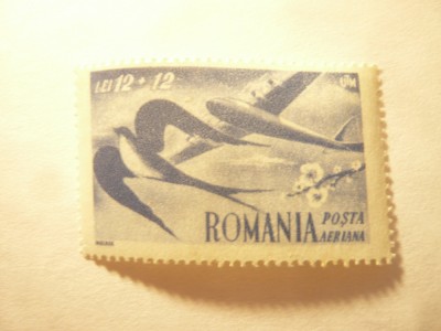 Timbru Romania 1948 - Randunele , Posta Aeriana , val. 12 + 12 lei foto