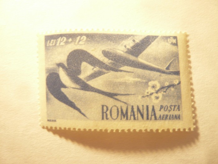 Timbru Romania 1948 - Randunele , Posta Aeriana , val. 12 + 12 lei