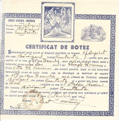QW13 12 - 1946 - Certificat de botez - Parohia Baraganul - jud Constanta foto