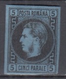 ROMANIA 1866/1867 LP 19 a CAROL I CU FAVORITI 5 PARALE HARTIE SUBTIRE NEGRU PE HARTIE ALBASTRA GUMA ORIGINALA URMA SARNIERA