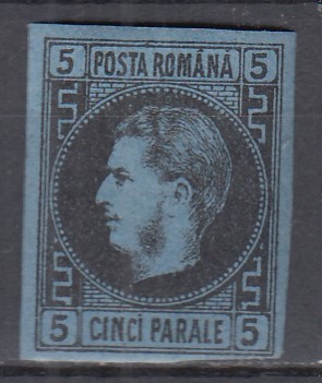 ROMANIA 1866/1867 LP 19 a CAROL I CU FAVORITI 5 PARALE HARTIE SUBTIRE NEGRU PE HARTIE ALBASTRA LIPSA GUMA foto