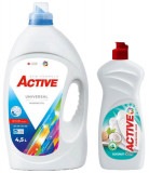 Cumpara ieftin Detergent lichid Universal pentru rufe Active, 4.5 litri, 90 spalari + Detergent de vase lichid Active, 0.5 litri, cocos