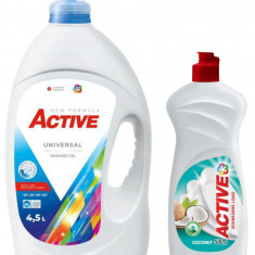 Detergent lichid Universal pentru rufe Active, 4.5 litri, 90 spalari + Detergent de vase lichid Active, 0.5 litri, cocos