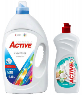 Detergent lichid Universal pentru rufe Active, 4.5 litri, 90 spalari + Detergent de vase lichid Active, 0.5 litri, cocos foto