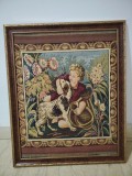Superba tapiserie franceză lucrata integral manual,lucrare &icirc;ncadrata Intr-o rama din lemn sculptata , dimensiuni 57 cm cu 47
