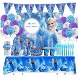 Set 140piese vesela petrecere Frozen pentru 10 copii, decorarea completa a mesei + 36 baloane, Albastru