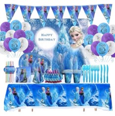 Set 140piese vesela petrecere Frozen pentru 10 copii, decorarea completa a mesei + 36 baloane, Albastru