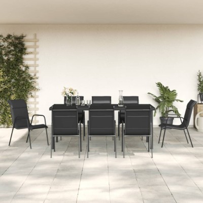 vidaXL Set mobilier de grădină, 9 piese, negru, oțel și textilenă foto