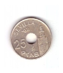 Moneda Spania 25 pesetas 1992 Seville &#039;92 Juan Carlos I Giralda, stare foarte bu