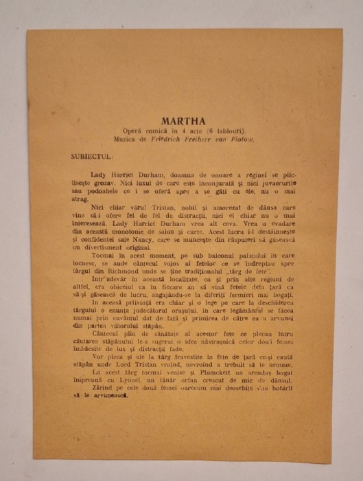 Program Operă Rom&acirc;nă &ndash; &bdquo;Martha&rdquo;, 2 ianuarie 1944 &ndash; Jean Bobescu, raritate