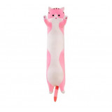Jucarie de plus pisica lunga, tip perna, umplutura hipoalergenica, lungime 50 cm, culoare roz