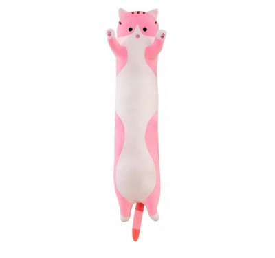 Jucarie de plus pisica lunga, tip perna, umplutura hipoalergenica, lungime 50 cm, culoare roz foto