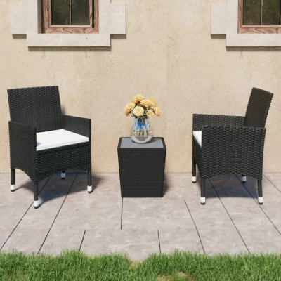 vidaXL Set mobilier bistro grădină 3 piese, negru, poliratan și sticlă foto
