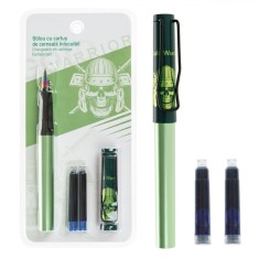 Set Stilouri Warrior, Craniu, Verde, 2 Rezerve Cerneală