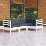 Cumpara ieftin Set mobilier grădină cu perne, 4 piese, alb, lemn de pin