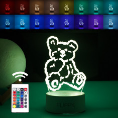 Lampa LED decorativa, Flippy, 3D, Ursulet, cu telecomanda, doua moduri de alimentare USB si baterii, 20 cm inaltime, din material acril si lumina mult