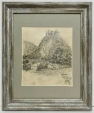 Toader Schipor Tablou 1956 Peisaj Cetatea Devei grafica in carbune inramat 25x30cm