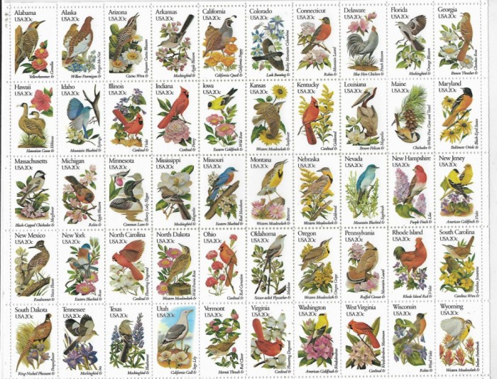 ST-43=SUA 1982 Pasari si flori-Coala de 50 timbre nestampilate MNH