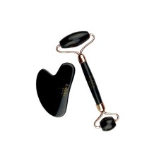 Black obsidian Roller Cu Gua Sha by Erfello pentru masaj facial și corporal, tratament facial, Erfello Black obsidian