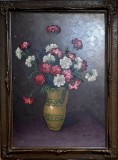 Ion CONSTANTIN (1938-2022)-Cănceu cu garoafe, pictură veche, Flori, Ulei, Realism