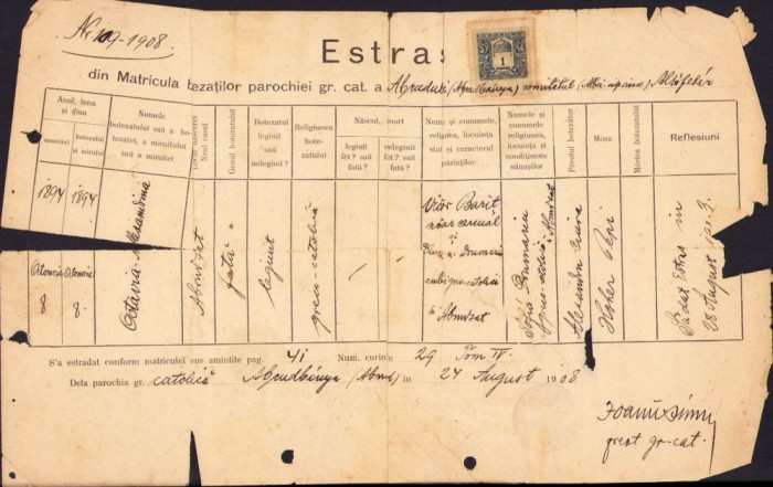 A1114 Extras registru biserică Abrud, 1908, Octavia Alexandrina Barițiu