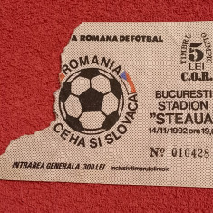 Bilet (de colectie) meci fotbal ROMANIA - Republica CEHA si SLOVACA (14.11.1992)
