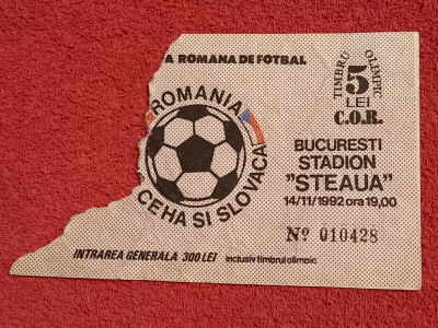 Bilet (de colectie) meci fotbal ROMANIA - Republica CEHA si SLOVACA (14.11.1992) foto