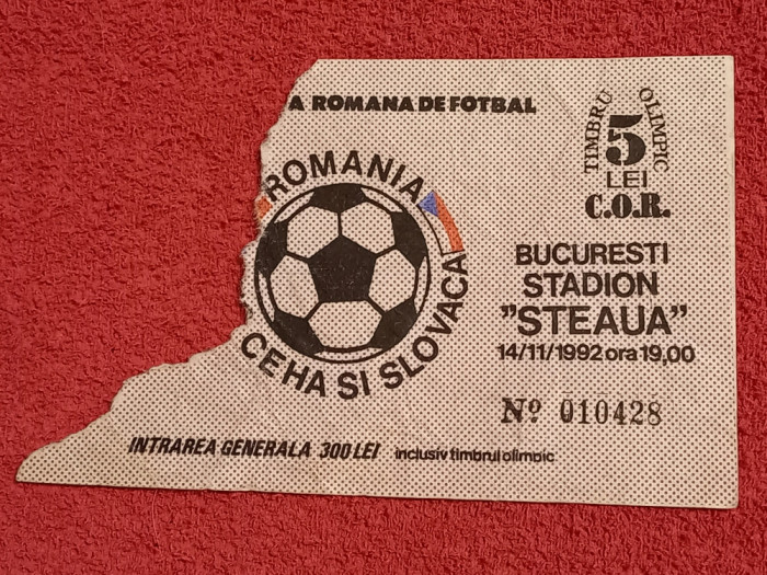 Bilet (de colectie) meci fotbal ROMANIA - Republica CEHA si SLOVACA (14.11.1992)