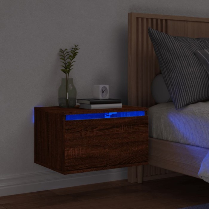 Gossi noptiera montata pe perete cu lumini led, stejar maro