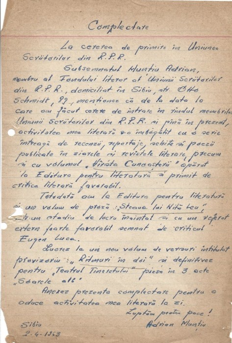 A3269N Document scris și semnat olograf de Adrian Munțiu, 1963