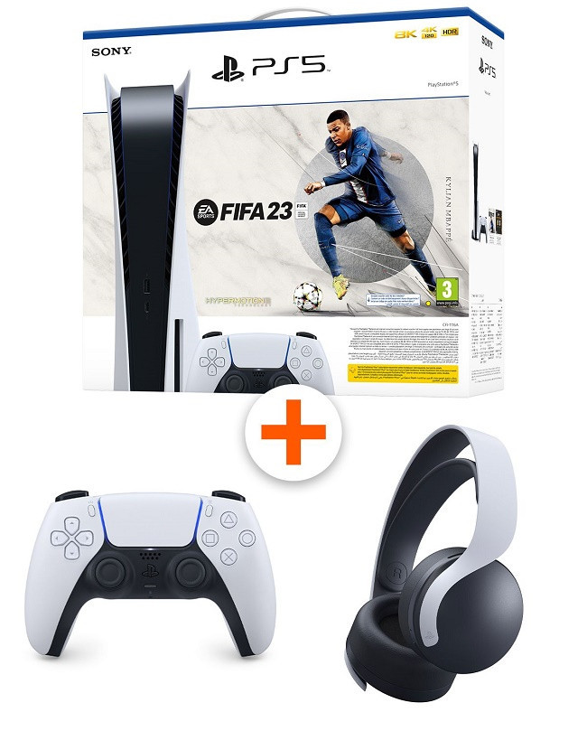 Consola SONY PlayStation 5 FIFA 23 Bundle cu 2 controllere DualSense PS5 +  Casti wireless SONY Pulse 3D | arhiva Okazii.ro