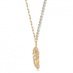 Colier din argint 925 – culoarea cuprului, perle albe sintetice, pene cu zirconii