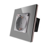 Priza schuko simpla Luxion LXD-1MP049G-GY, incastrata, cu capac, contact de protectie, rama din sticla inclusa, gri