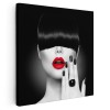 Tablou portret femeie cu buze rosii, unghii negre, alb, negru 1454 Tablou canvas pe panza CU RAMA 80x80 cm