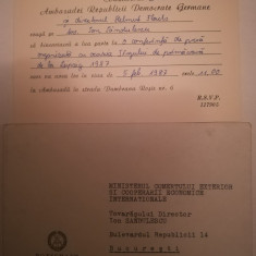 1987 Invitatie Ambasada RDG Bucuresti + plic comunism comert exterior sandulescu