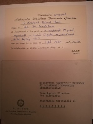 1987 Invitatie Ambasada RDG Bucuresti + plic comunism comert exterior sandulescu foto