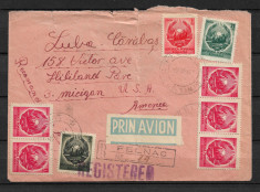 Plic po?tal - Romania - 1951 - 8 timbre din seria LP 266 - circulat in SUA foto